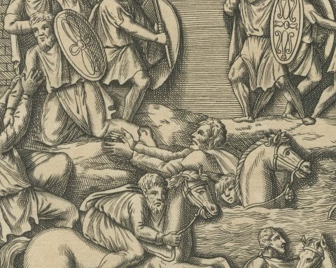 Cavalry Battle and River Crossing with Armored Horsemen, Montfaucon, 1722, close-up 1