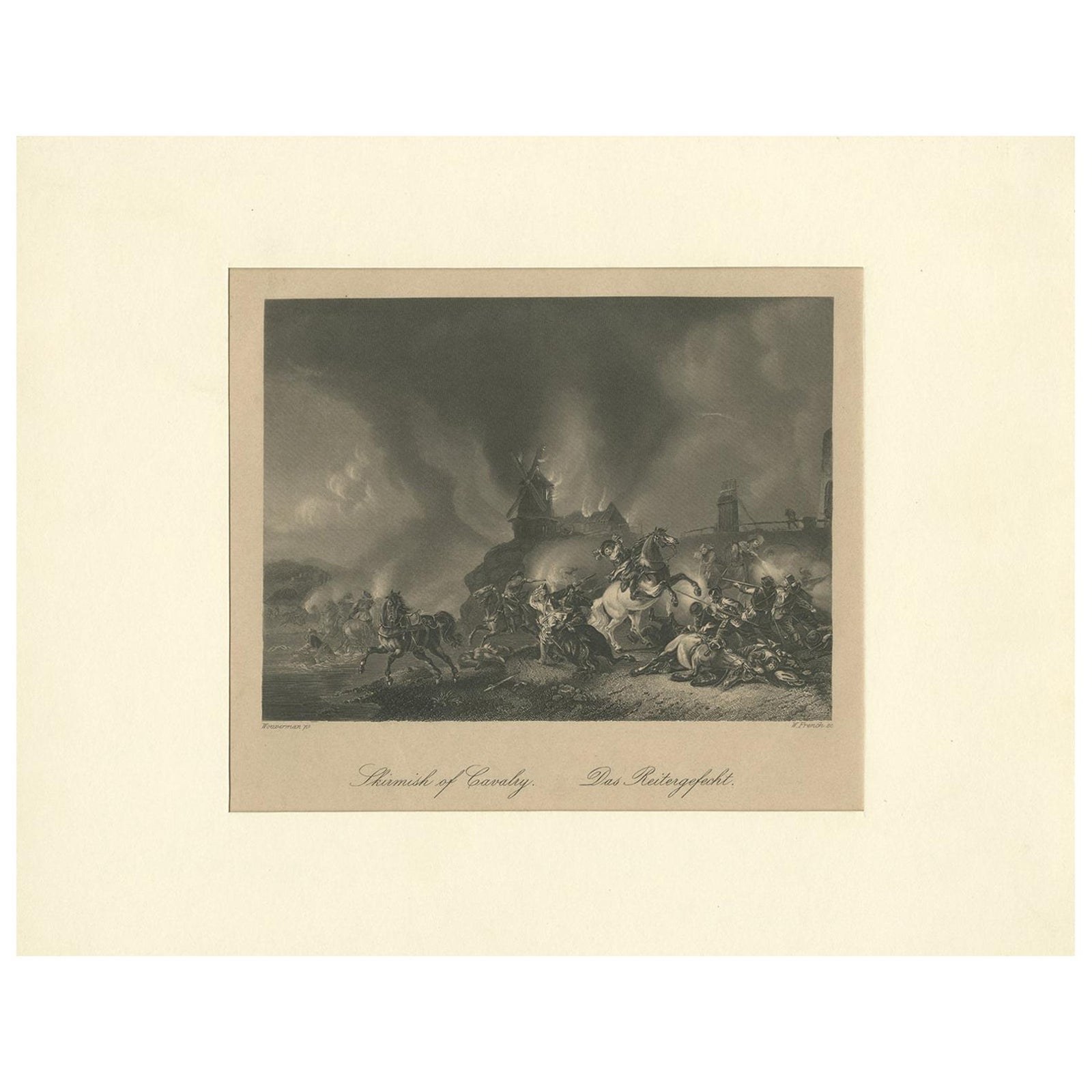 Antique Print of a Cavalry Battle Scene by Heawood, circa 1860