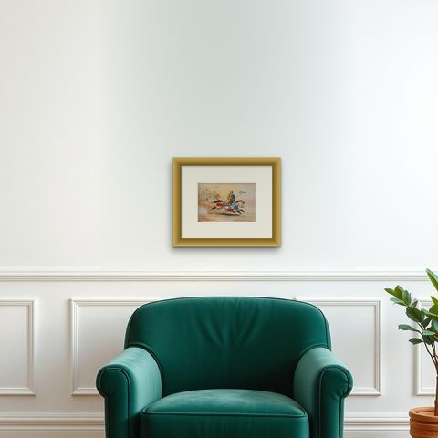 Original 1841 Watercolor of Knight on Horseback by Rémy Eugène Julièn, shown framed on a wall