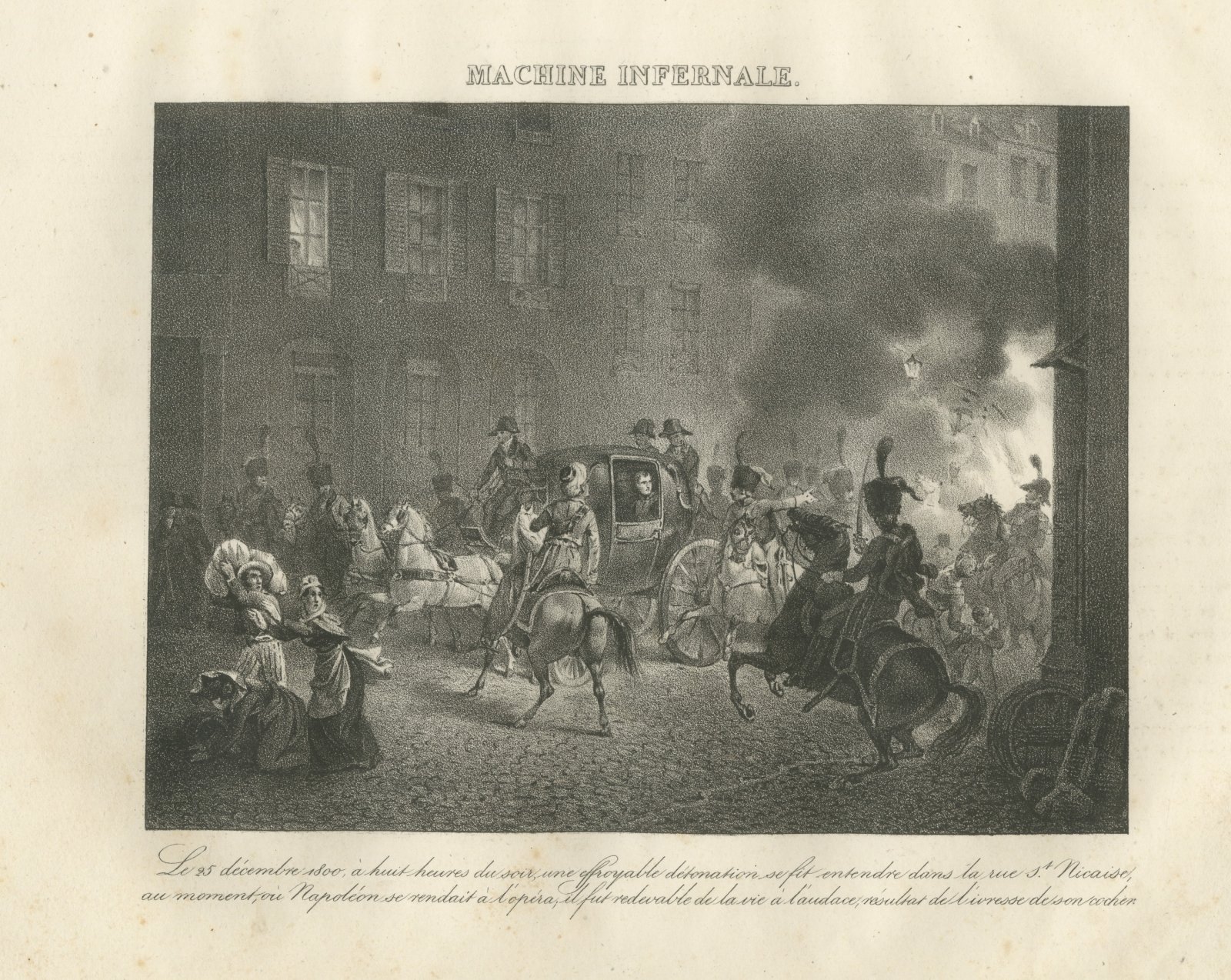The Infernal Machine, Rue Saint Nicaise, Antique Madou Lithograph, 1827