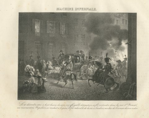 The Infernal Machine, Rue Saint Nicaise, Antique Madou Lithograph, 1827