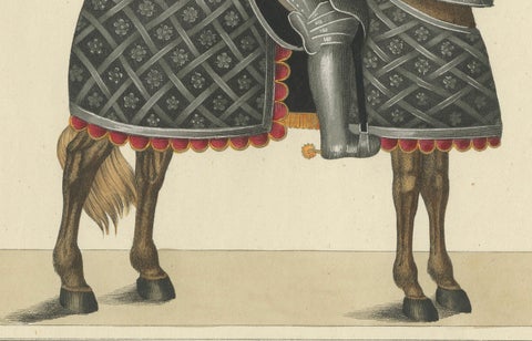 Hand-Coloured Lithograph of Armoured Knight and Horse in Tournament Dress, 1842, close-up 1