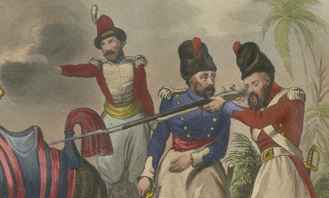 Antique Persian Military Scene with Camel, Hand-Colored Engraving c1820, close-up 5
