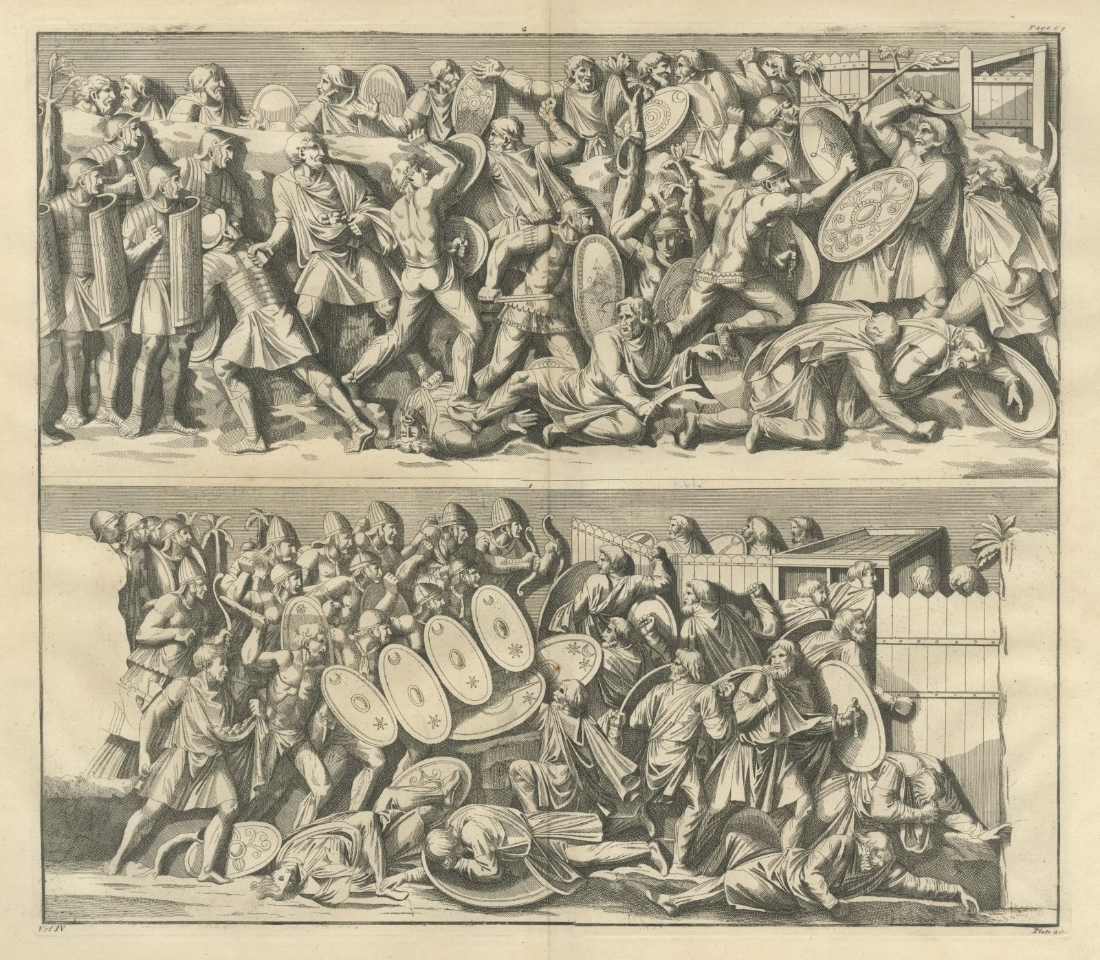 Romans and Barbarians Fighting at a Palisade, Montfaucon Engraving, 1722