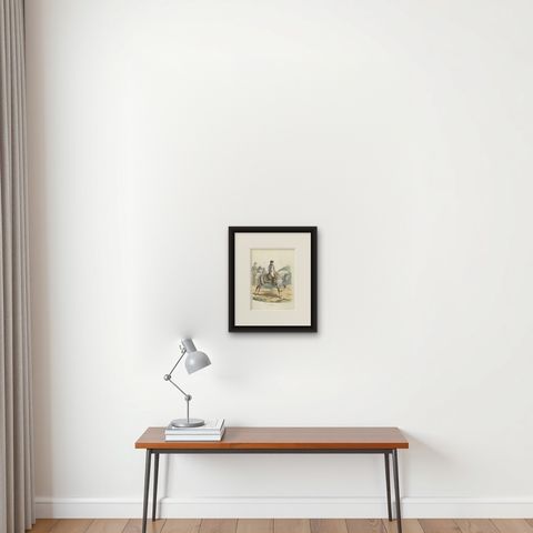Napoleon Bonaparte on Horseback, L’Empereur, French Hand-Colored Print, 1843, shown framed on a wall