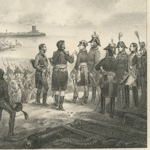 The Camp of Boulogne, the Invasion Flotilla, Antique Madou Lithograph, 1827, close-up 2