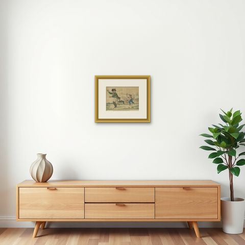 Antique Satirical Print of Napoleon Fleeing from the Battlefield '1815', shown framed on a wall