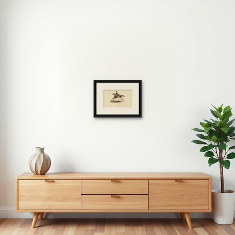 Antique Print of a Japanese Cavalry by Wahlen '1843', shown framed on a wall