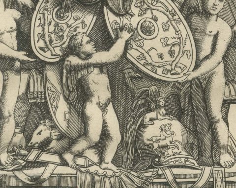 Roman Trophies and Victory Coins with Trajan's Column Victory, 1722, close-up 1
