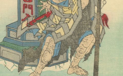 Japanese Edo Warrior Print, Temple Guardian with Halberd, c.1850, close-up 2
