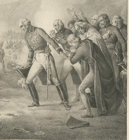 Victor Amadeus Sues for Armistice, Sardinia, Antique Madou Lithograph, 1827, close-up 2