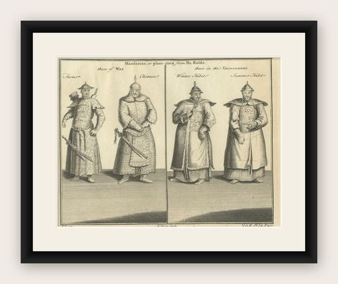 Print of Chinese and Tartar Warriors & Government Officers in Costume, 1746, shown framed