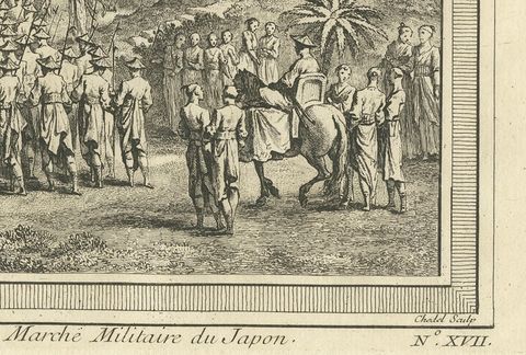 Antique Print of a Japanese Military Procession by Chedel, 1746, close-up 2