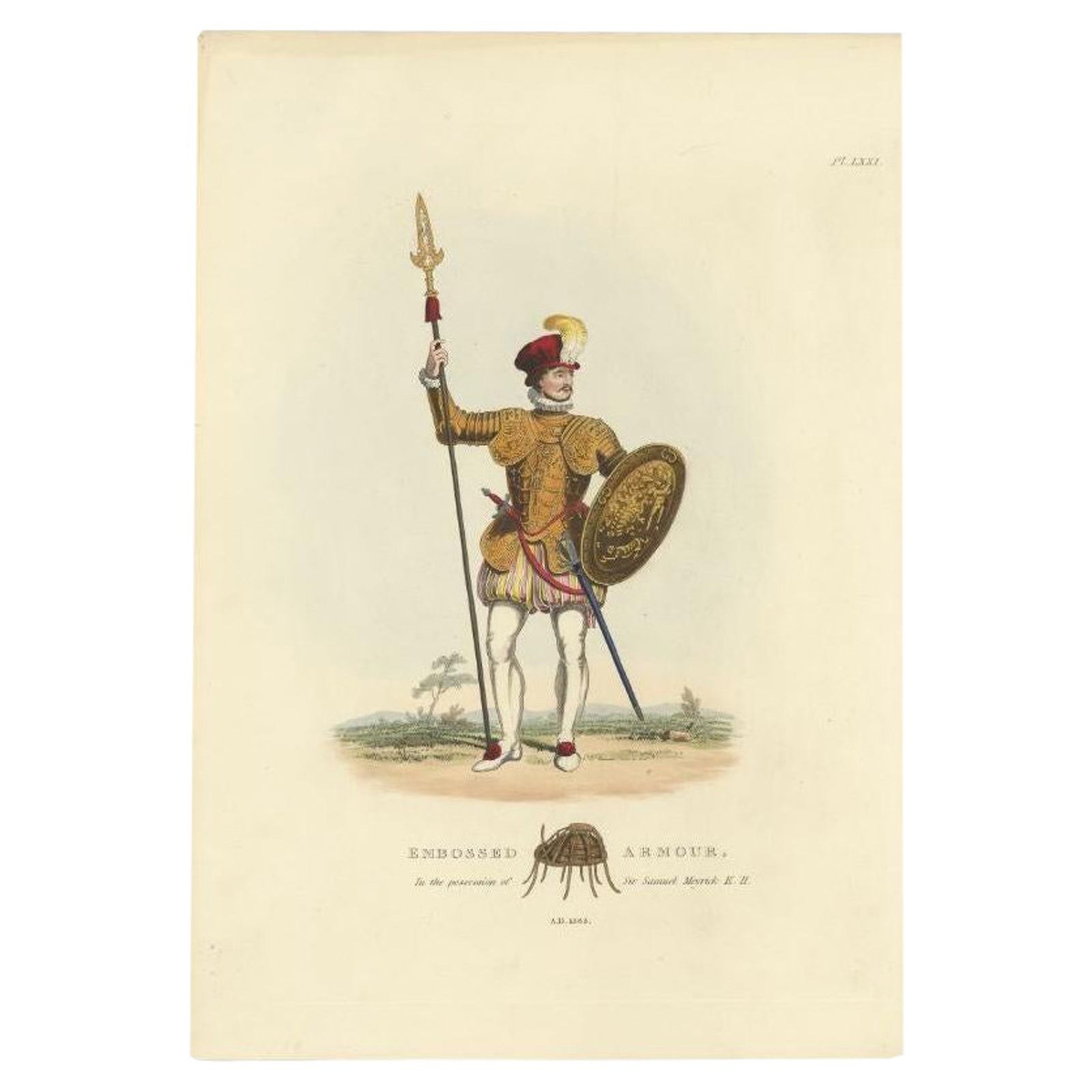 Antique Hand-Colored Print of a Knight in Embossed Armour, (1842)