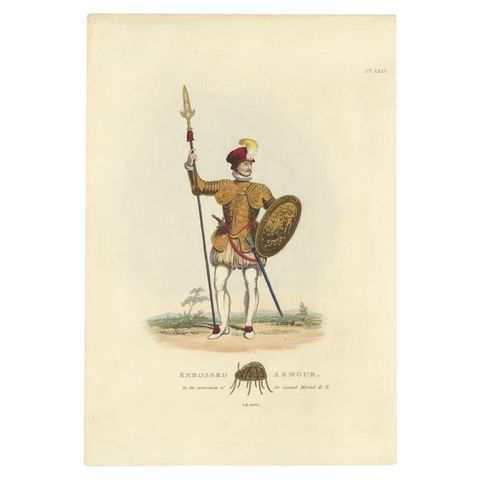 Antique Hand-Colored Print of a Knight in Embossed Armour, (1842)
