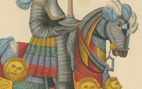 Hand-Coloured Knightly Parade Armour Print with Vibrant Heraldic Motifs, 1842, close-up 1