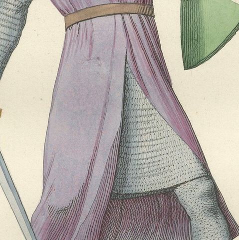 Antique Print 1845, Medieval Knight in Chainmail, Sword and Helmet, close-up 4