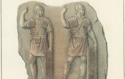 Roman Praetorians Relief and a Catapult, Italy, Hand Colored, 1842, close-up 1