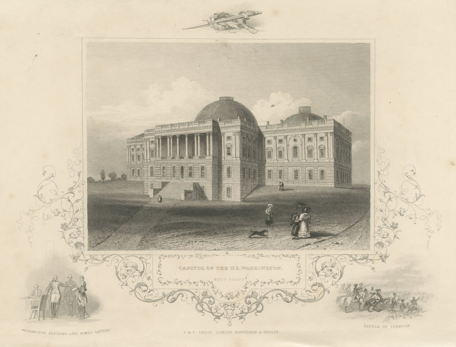 Capitol West Front, Washington, with Battle of Trenton Vignette, circa 1850