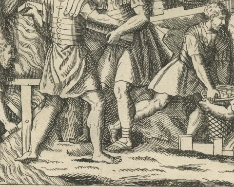 Roman Soldiers Felling Trees and Building Ramparts, Trajan's Column, 1722, close-up 1