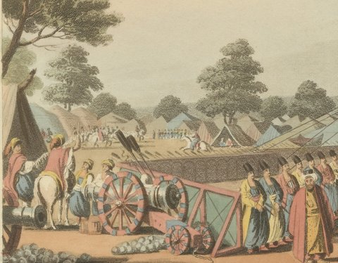 Turkish Encampment with Ceremonial Pavilions, Antique Aquatint, 1809, close-up 1