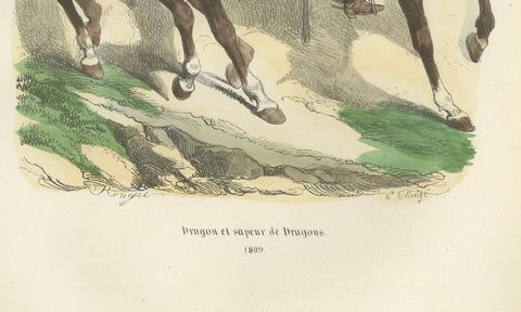 Napoleonic Dragoons and Dragoon Sapper, French Cavalry, Published 1843, close-up 1