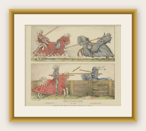 Antique German Jousting Knights Plate c.1500, Hand-Colored Print, Published 1880, shown framed