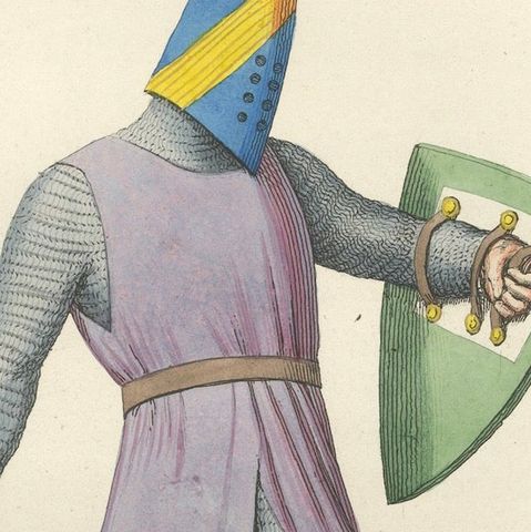 Antique Print 1845, Medieval Knight in Chainmail, Sword and Helmet, close-up 3