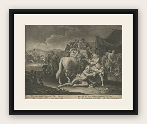Mezzotint of Soldiers Near the Sutler's Tent for Tobacco, Beer and Meat, Ca.1750, shown framed