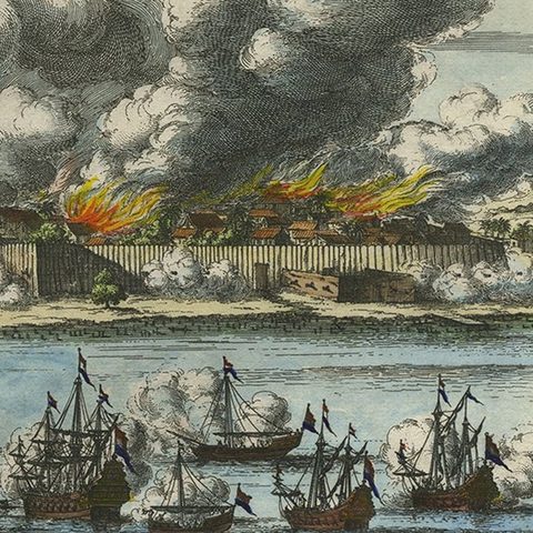 Decorative Engraving of VOC Battle Ships Attacking Palembang in Sumatra, ca.1700, close-up 1