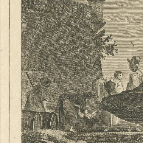View in the Levant, Ottoman Harbour and Fortress, Antique Engraving, circa 1820, close-up 6
