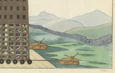 19th-Century Detailed Hand-Coloured Lithograph of a Large Medieval Siege Tower, close-up 1