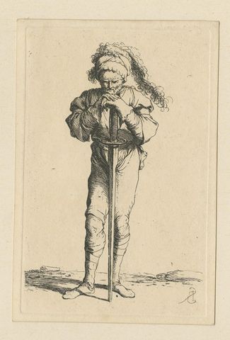 Rare Etching of a Warrior Standing and Leaning on a Long Sword, ca.1658, close-up 1