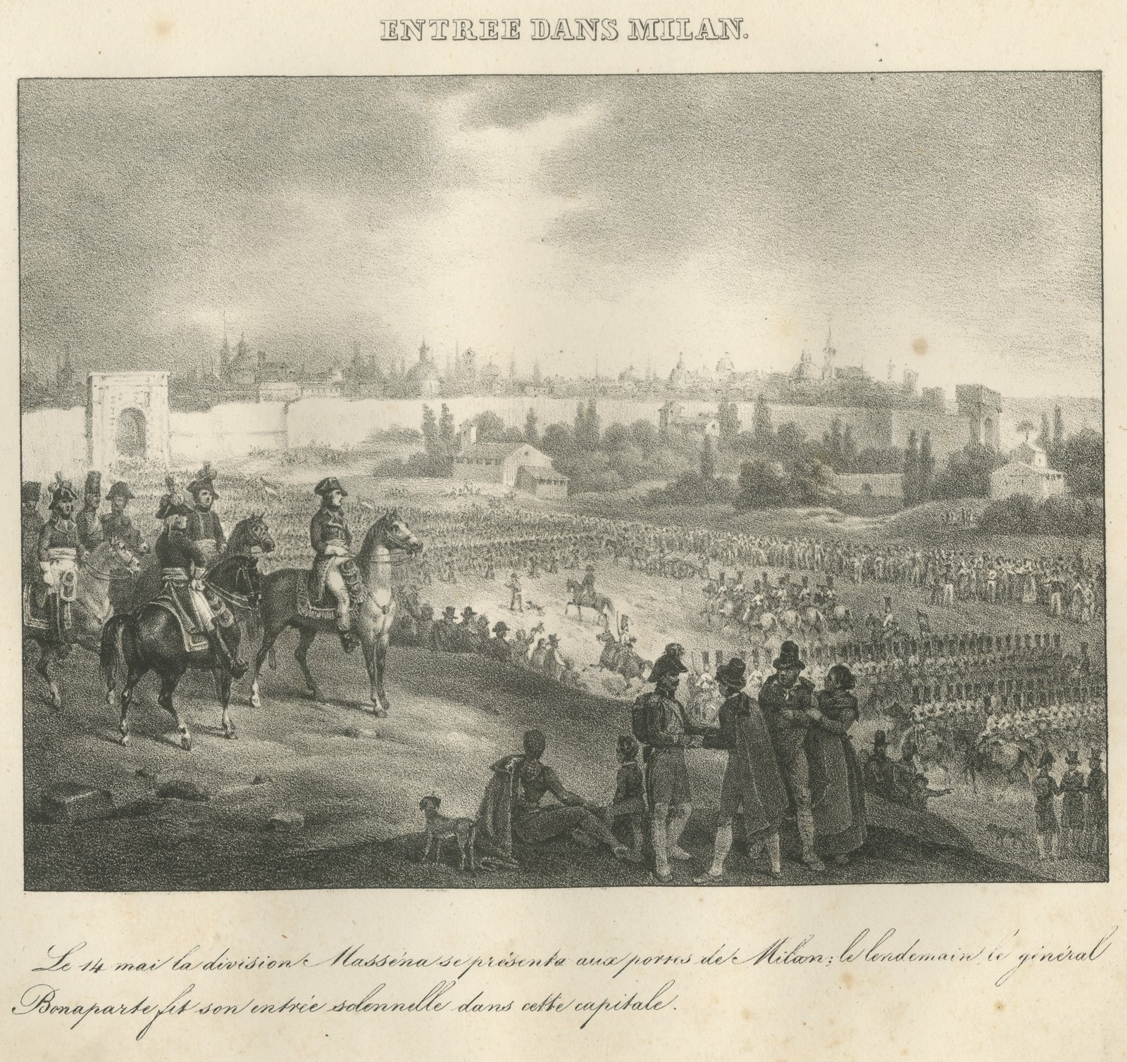 Napoleon's Entry into Milan, Massena's Division, Antique Madou Lithograph, 1827