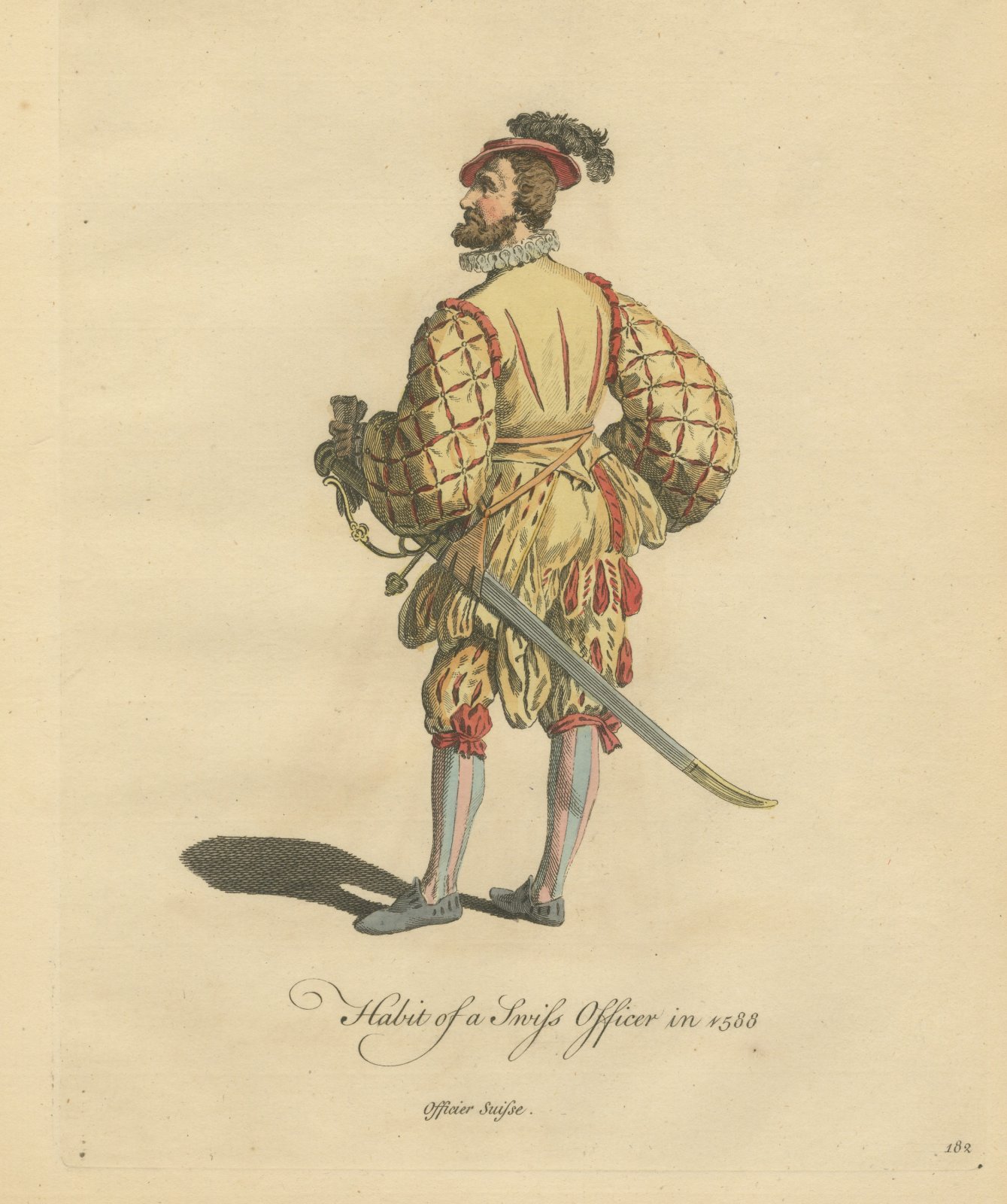 Habit of a Swiss Officer in 1588, Hand Colored Jefferys Costume Plate, 1757