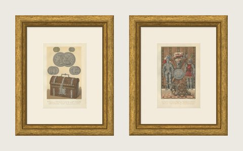Renaissance Medals and Armor, Pair of Antique French Chromolithographs, 1882, shown framed