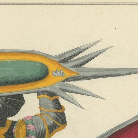 Dramatic 19th-Century Lithograph of Knights with Elaborate Spiked Shields, close-up 3