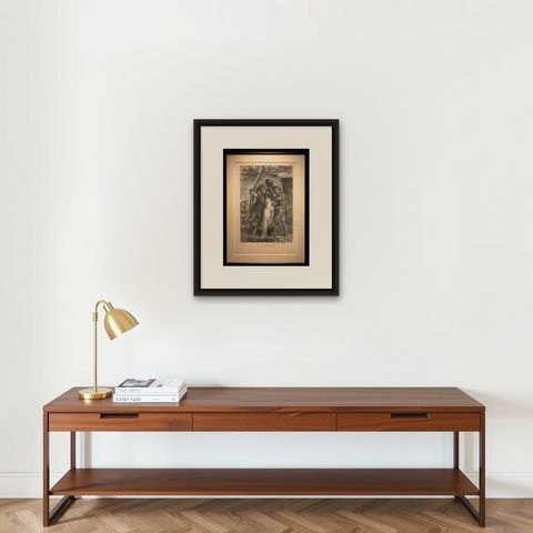 Les pénibles adieux, Charlet Napoleonic Soldiers Lithograph, c.1825, shown framed on a wall