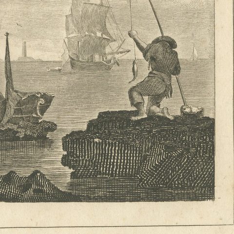 View in the Levant, Ottoman Harbour and Fortress, Antique Engraving, circa 1820, close-up 4