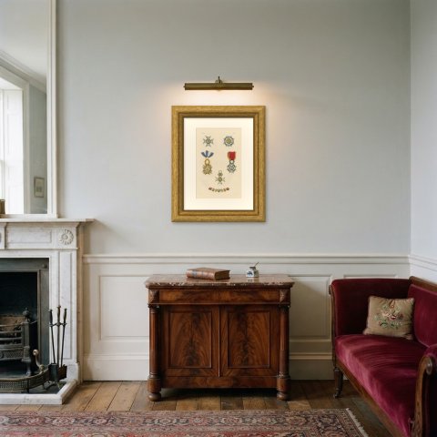 Orders of Spain, Al Mérito Militar Crosses and Collar, Plate XXVI, 1844, shown framed in a room