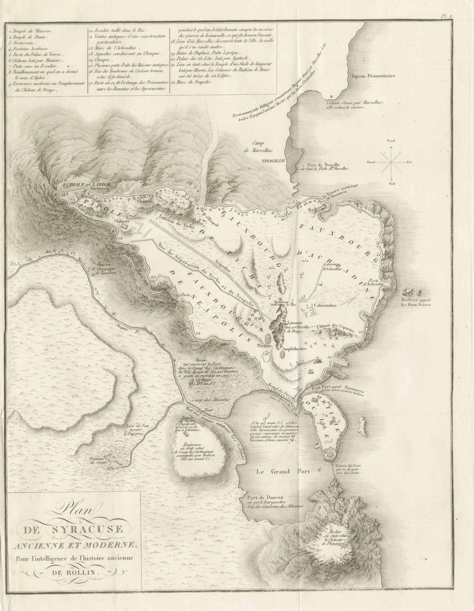Plan of Ancient and Modern Syracuse with Numbered Key, Rollin Atlas, 1818