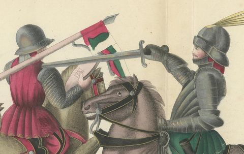 19th-Century Hand-Coloured Lithograph of Mounted Combat with Spear and Sword, close-up 2