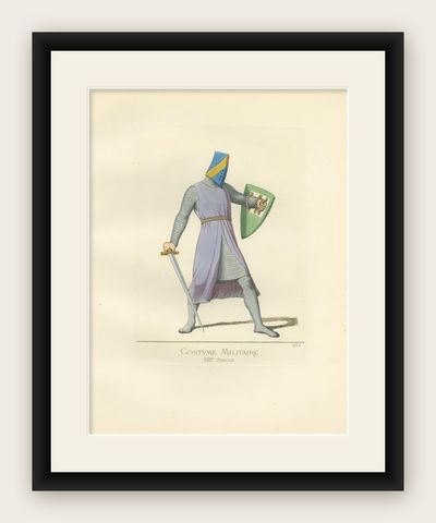 Antique Print of a Military Costume by Bonnard, 1860, shown framed