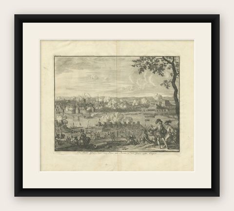 Antique Print of the Siege of Grave, 1730, shown framed