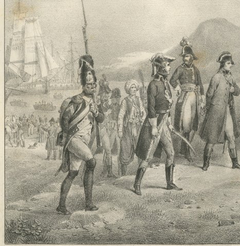 Landing at Frejus, Return from Egypt, Antique Madou Lithograph, 1827, close-up 1