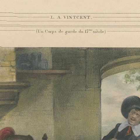 1835 Hand-Colored Lithograph: A 17th Century Guardroom, Soldiers at Rest, close-up 3