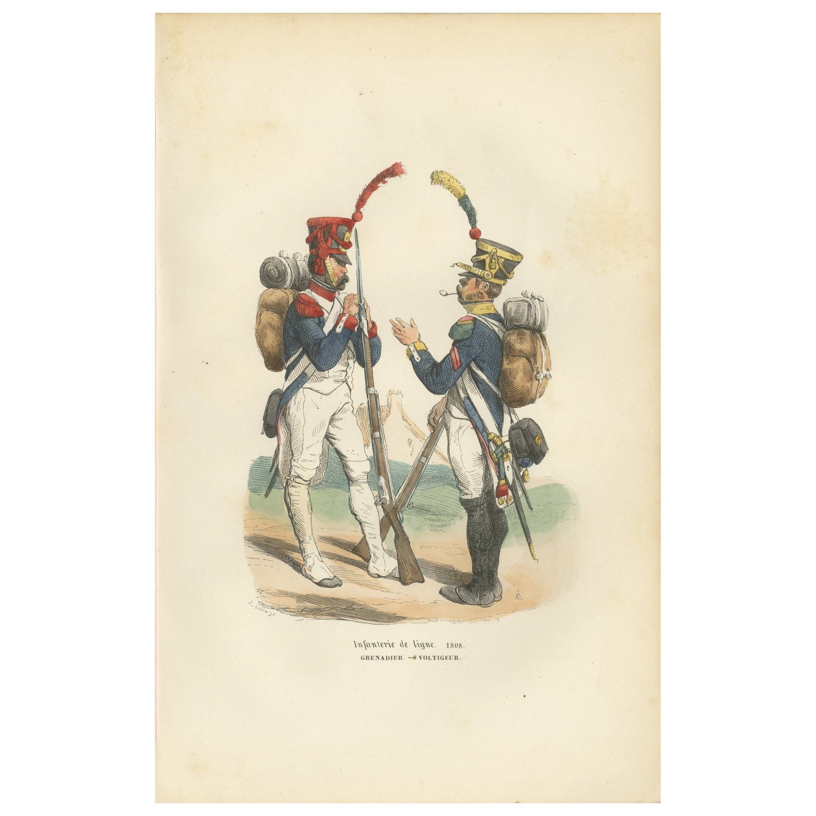 Infanterie de Ligne 1808, Grenadier and Voltigeur, Napoleonic Print, 1843