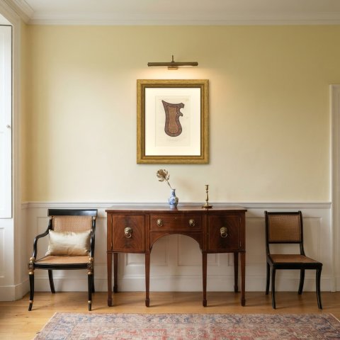 Moorish Spanish Saddle, Royal Armory of Madrid, Antique Print, 1851, shown framed in a room