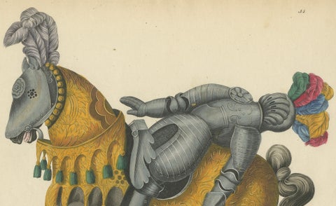 19th-Century Hand-Coloured Lithograph of Fallen Knights and Horses Post-Joust, close-up 2