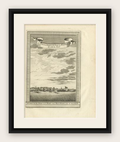 Antique Print of the City and Fortress of Kachao in Guinea Bissau, Africa, 1747, shown framed